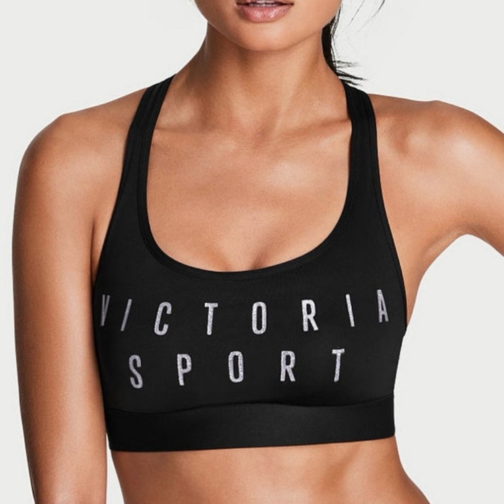 VICTORIA SPORT Black Glitter The Player Racerback Sports Bra Medium Support S